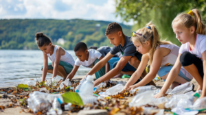 Volunteers collecting plastic waste during an organized beach cleanup event